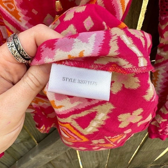 Tory Burch Printed Batik Orange and Pink Boho Tassel Lace Detail Popover Blouse - Picture 8 of 8